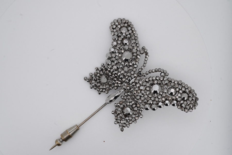 A late 19th century cut steel butterfly pin, 83mm. Condition - fair to good